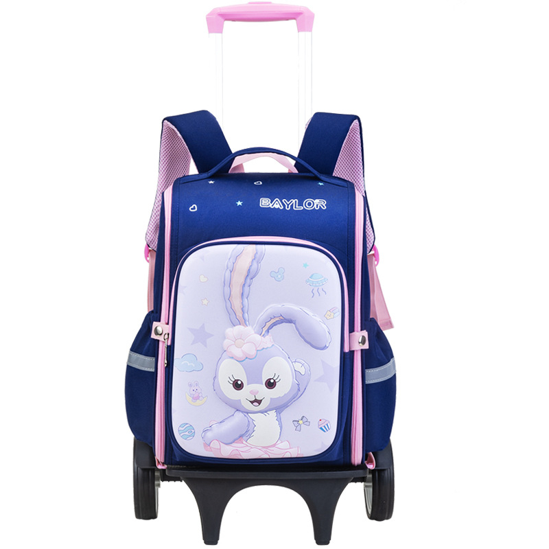 3D karikatūrų pradinės mokyklos kuprinė su ratukais, Oxford audinys, didelė talpa, vienpusiai ratukai, naštos mažinimas, naktinis matomumas