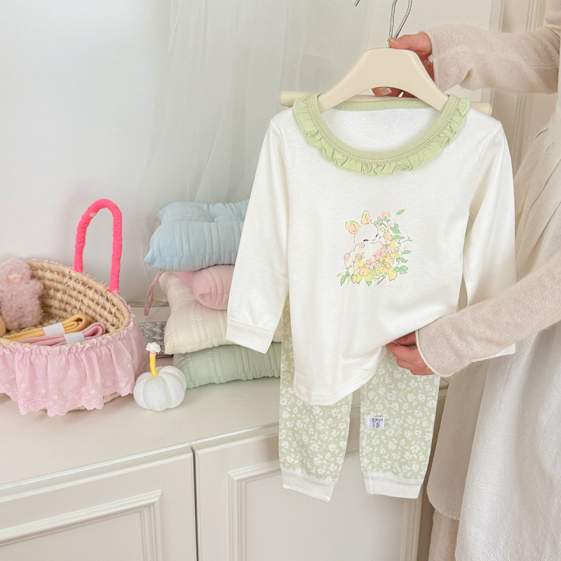 Gyerekeknek szóló koreai stílusú pamut pizsama készlet, uniszex, 100% pamut, 3–8 éveseknek, könnyű, antibakteriális, mintával állatmintás vagy mesés mintákkal