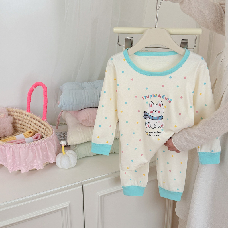 Gyerekeknek szóló koreai stílusú pamut pizsama készlet, uniszex, 100% pamut, 3–8 éveseknek, könnyű, antibakteriális, mintával állatmintás vagy mesés mintákkal