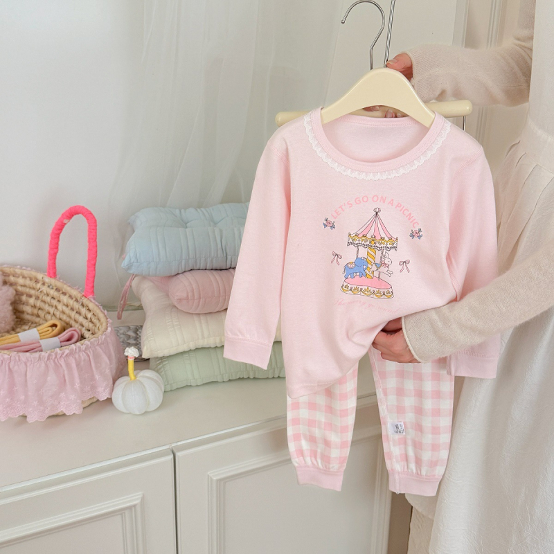 Gyerekeknek szóló koreai stílusú pamut pizsama készlet, uniszex, 100% pamut, 3–8 éveseknek, könnyű, antibakteriális, mintával állatmintás vagy mesés mintákkal