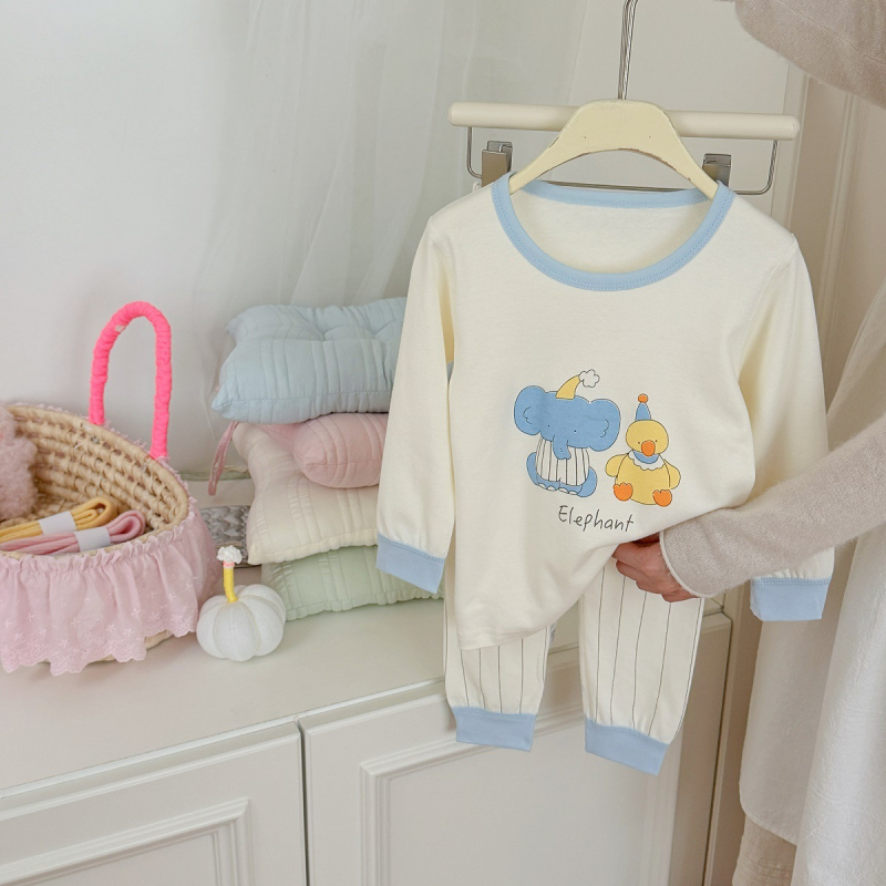 Gyerekeknek szóló koreai stílusú pamut pizsama készlet, uniszex, 100% pamut, 3–8 éveseknek, könnyű, antibakteriális, mintával állatmintás vagy mesés mintákkal