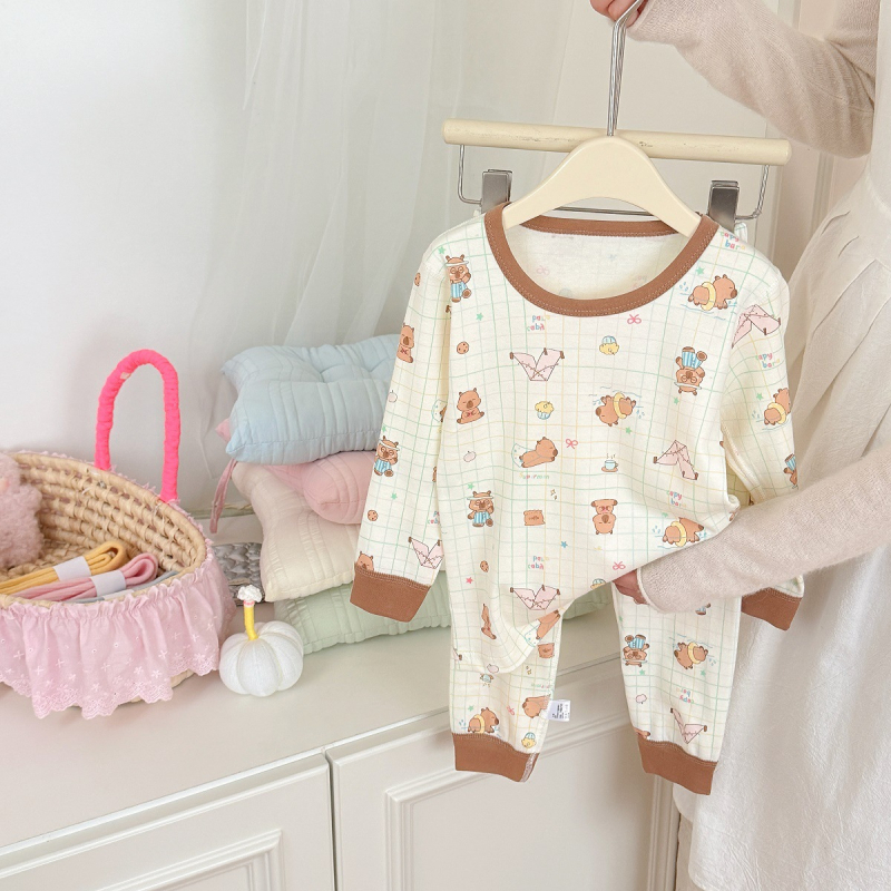 Gyerekeknek szóló koreai stílusú pamut pizsama készlet, uniszex, 100% pamut, 3–8 éveseknek, könnyű, antibakteriális, mintával állatmintás vagy mesés mintákkal