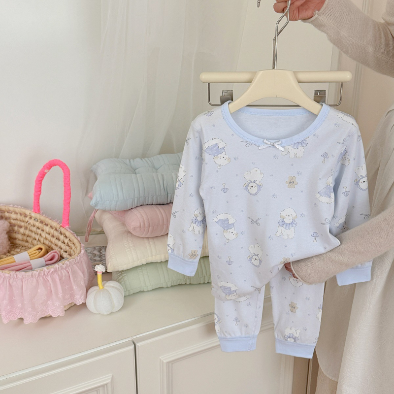 Gyerekeknek szóló koreai stílusú pamut pizsama készlet, uniszex, 100% pamut, 3–8 éveseknek, könnyű, antibakteriális, mintával állatmintás vagy mesés mintákkal