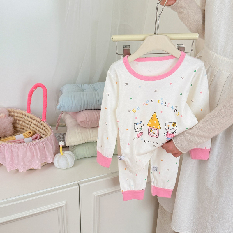 Gyerekeknek szóló koreai stílusú pamut pizsama készlet, uniszex, 100% pamut, 3–8 éveseknek, könnyű, antibakteriális, mintával állatmintás vagy mesés mintákkal