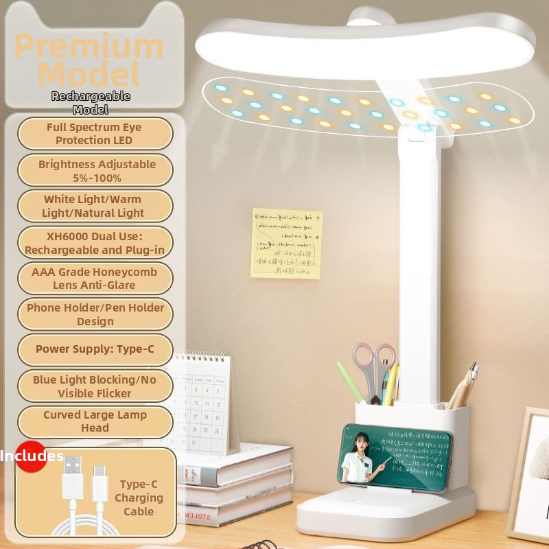 Kõver LED laualamp täis spektriga, silmade kaitseks, kokkupandav, sisseehitatud liitiumakuga, puutetundlik lüliti