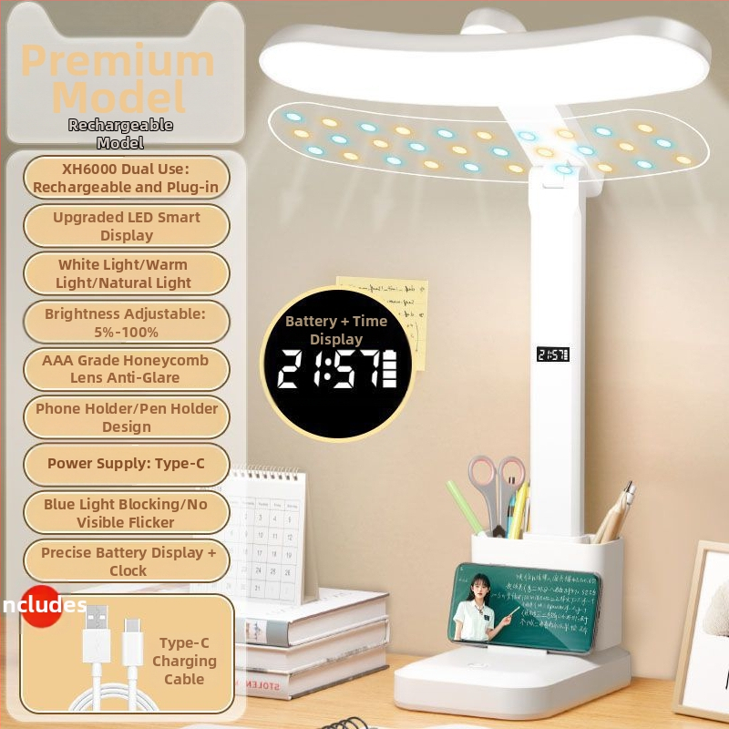 Kõver LED laualamp täis spektriga, silmade kaitseks, kokkupandav, sisseehitatud liitiumakuga, puutetundlik lüliti