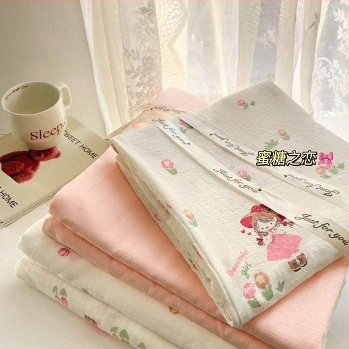 Štvordielny set posteľného prádla z dvojitého vlákna, jemný kvetinový vzor, plachta s gumou, reaktívny tlač