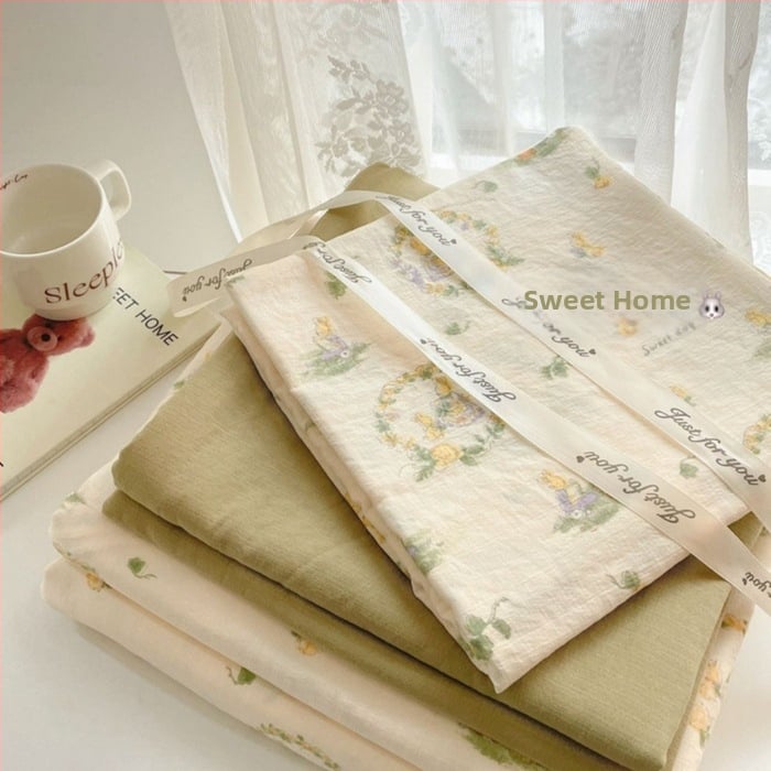 Štvordielny set posteľného prádla z dvojitého vlákna, jemný kvetinový vzor, plachta s gumou, reaktívny tlač