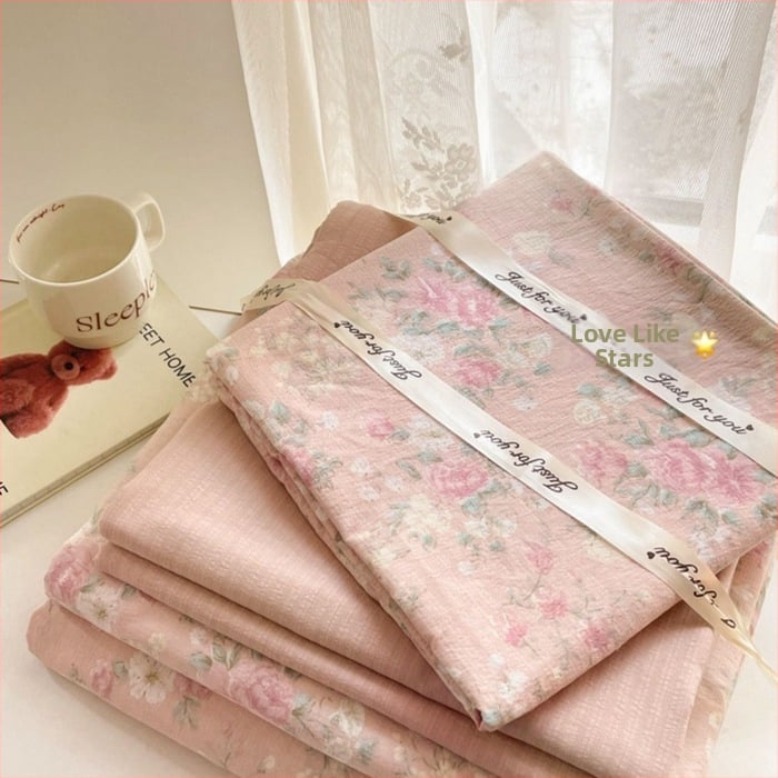 Štvordielny set posteľného prádla z dvojitého vlákna, jemný kvetinový vzor, plachta s gumou, reaktívny tlač