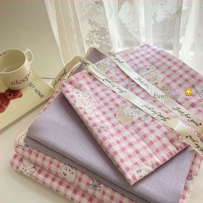 Štvordielny set posteľného prádla z dvojitého vlákna, jemný kvetinový vzor, plachta s gumou, reaktívny tlač