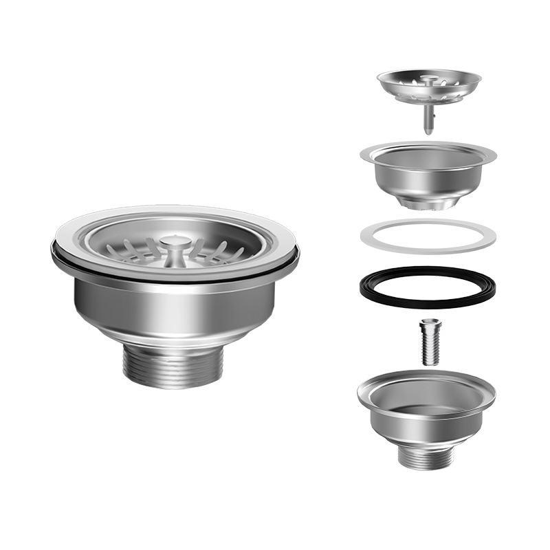 Двоен слой неръждаема стомана дренаж за мивка, издърпващ се, британски стил — модел Steel Head; марка Oshunnuo; материал: неръждаема стомана; форма: британски дренаж; тип: издърпване