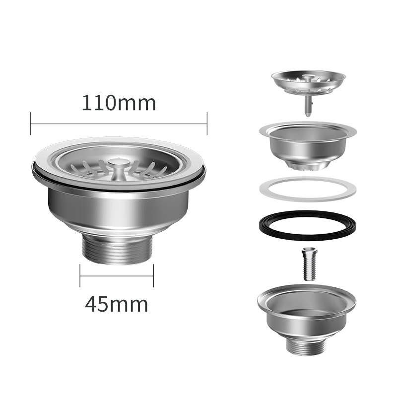 Двоен слой неръждаема стомана дренаж за мивка, издърпващ се, британски стил — модел Steel Head; марка Oshunnuo; материал: неръждаема стомана; форма: британски дренаж; тип: издърпване