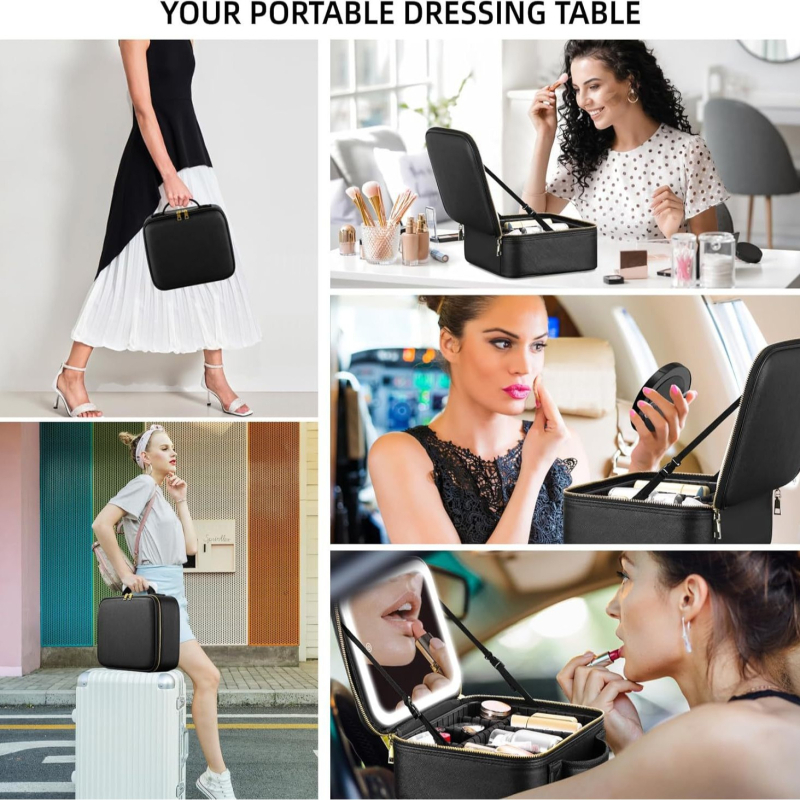 Haofeng kosmetinė dėžutė — didelė talpa, atspari vandeniui, su įmontuotu veidrodžiu ir apšvietimu, su universaliais ratukais