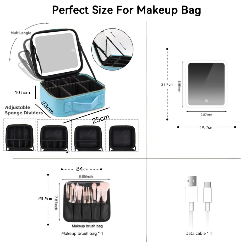 Haofeng kosmetinė dėžutė — didelė talpa, atspari vandeniui, su įmontuotu veidrodžiu ir apšvietimu, su universaliais ratukais