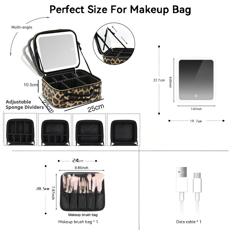 Haofeng kosmetinė dėžutė — didelė talpa, atspari vandeniui, su įmontuotu veidrodžiu ir apšvietimu, su universaliais ratukais