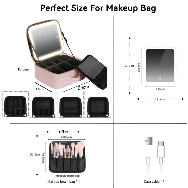 Haofeng kosmetinė dėžutė — didelė talpa, atspari vandeniui, su įmontuotu veidrodžiu ir apšvietimu, su universaliais ratukais