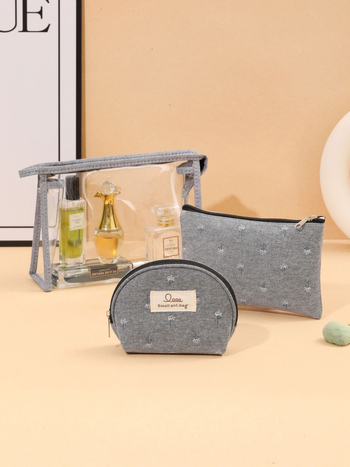 Trojdielny set priehľadných PVC kozmetických tašiek – kvetinový vzor, vodotesné, mokro-suché delenie, polyesterová podšívka, na cestovanie