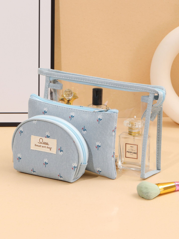 Trojdielny set priehľadných PVC kozmetických tašiek – kvetinový vzor, vodotesné, mokro-suché delenie, polyesterová podšívka, na cestovanie