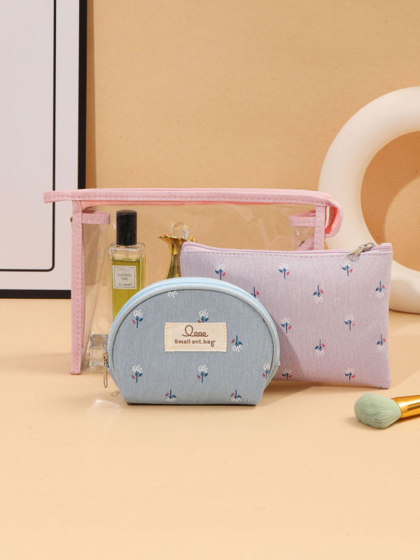 Trojdielny set priehľadných PVC kozmetických tašiek – kvetinový vzor, vodotesné, mokro-suché delenie, polyesterová podšívka, na cestovanie