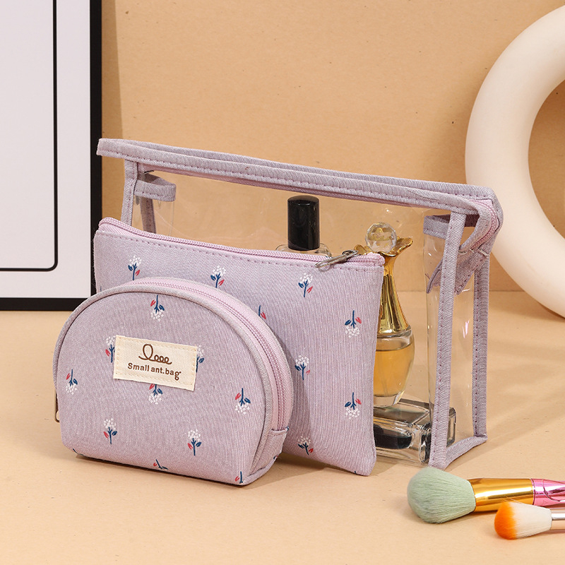 Trojdielny set priehľadných PVC kozmetických tašiek – kvetinový vzor, vodotesné, mokro-suché delenie, polyesterová podšívka, na cestovanie