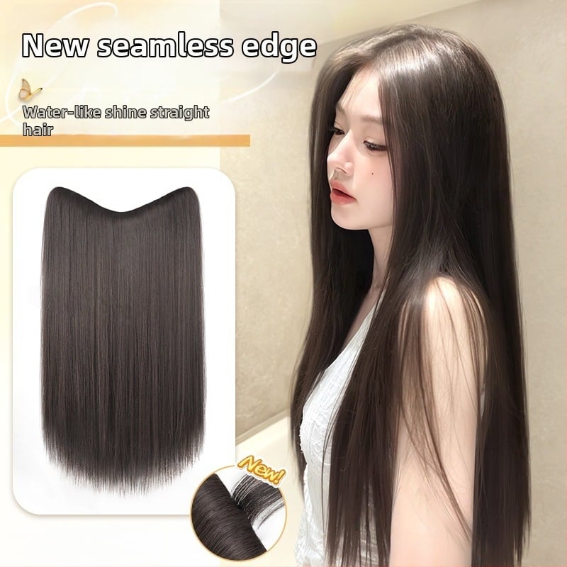 Jednodielne V-tvarované clip-in rozšírenie na dlhé rovné vlasy, nadýchaný objem, tepelne odolné vlákna, model B1125, neviditeľný okraj