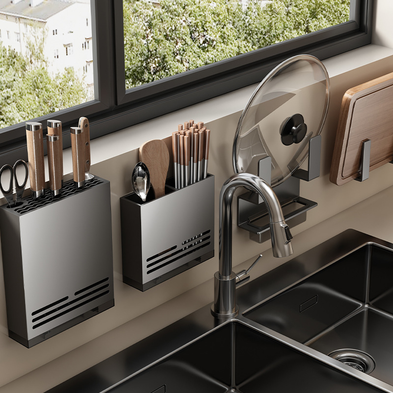 Sieninis virtuvės laikiklis dangteliams ir pjaustymo lentoms, be gręžimo, anglies plienas, Daugiafunkcinis, Sienai skirtas montavimui