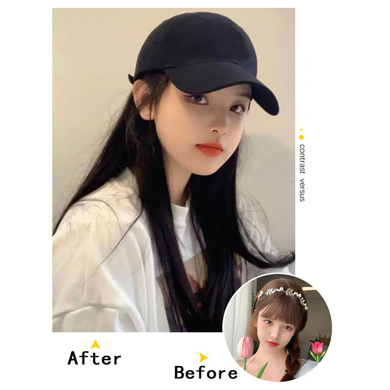 Dámska parochňa s integrovaným baseballovým klobúkom, dlhé rovné vlasy, korejský štýl, vlasy z vysokoteplotných vlákien, jednovrstvé pokrytie hlavy