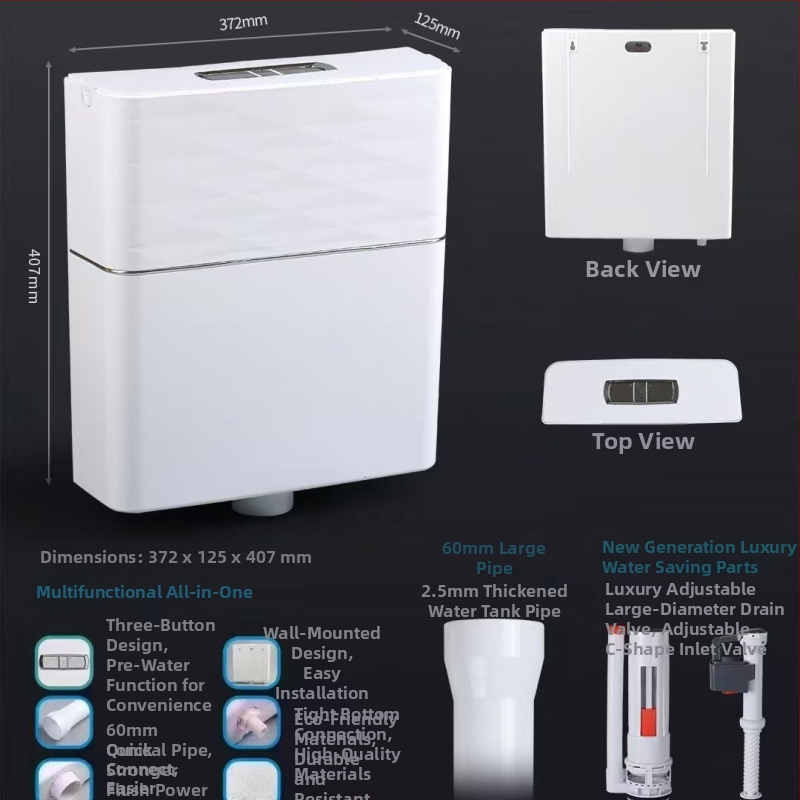 ABS sieninis rezervuaras klozetui squat, 10 L talpa, rankinis valdymas, gruntinis drenažas, šiuolaikiškas minimalistinis stilius