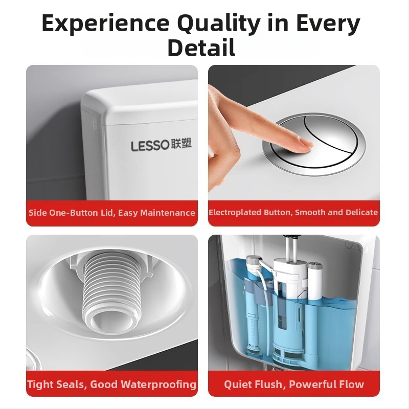 Sienas uzstādāms ūdens tvertnes squat WC — PP materiāls, 4–7 L izplūde, manuālais izplūdes vadība, grīdas drenāža, modelis EP02103