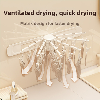 Pagriežama žāvēšanas statīvs drēbēm, 24 klipi, sienas montāža, plastmasas materiāls, zeķēm un apakšveļai