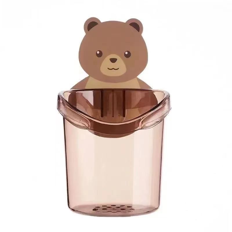 Suport pentru periuțe și pastă de dinți și etajeră de baie cu design ursuleț, montaj fără găuri, din plastic PP, model 1313