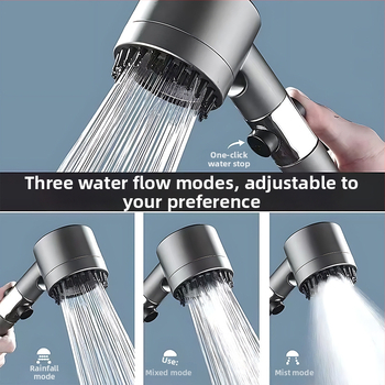 Nešiojama dušo galva su 3 srauto režimais, padidintas slėgis, ABS apvalus korpusas, silikoninis masažinis šepetėlis