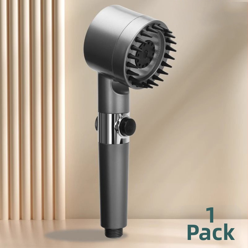 Nešiojama dušo galva su 3 srauto režimais, padidintas slėgis, ABS apvalus korpusas, silikoninis masažinis šepetėlis