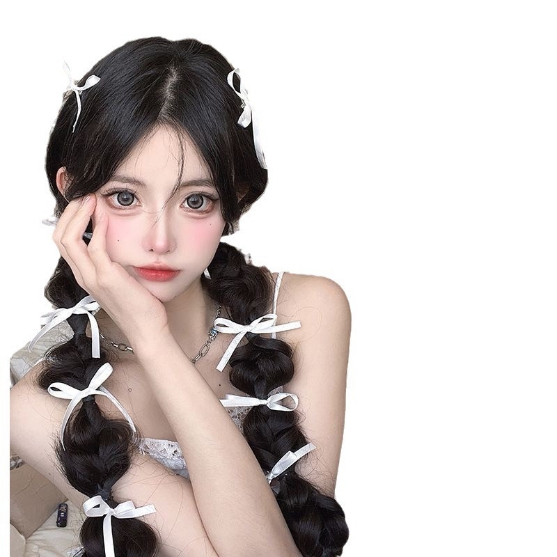 Perucă cu coadă: împletitură bule cu panglică, coadă dublă, cusută manual, sârmă rezistentă la temperaturi înalte