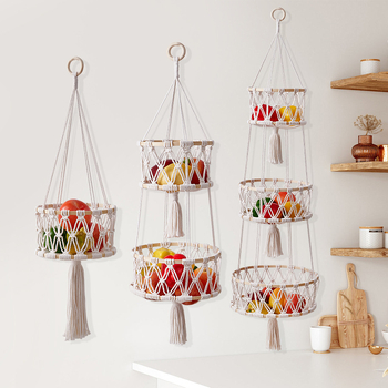 Set od tri košare za voće i povrće, ručno pletene pamukova užad, viseće košare za dnevni boravak – pastoralni stil