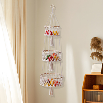 Set od tri košare za voće i povrće, ručno pletene pamukova užad, viseće košare za dnevni boravak – pastoralni stil