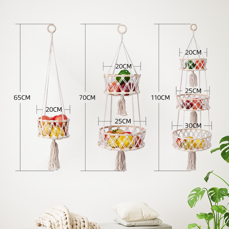 Set od tri košare za voće i povrće, ručno pletene pamukova užad, viseće košare za dnevni boravak – pastoralni stil