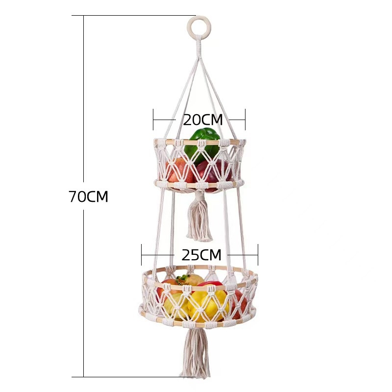 Set od tri košare za voće i povrće, ručno pletene pamukova užad, viseće košare za dnevni boravak – pastoralni stil