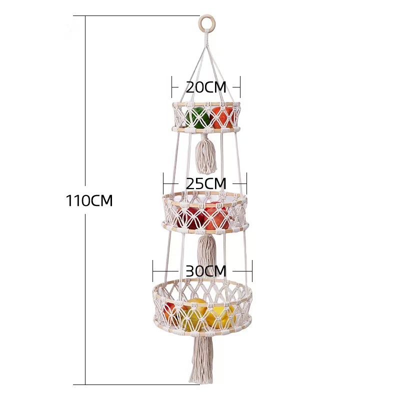 Set od tri košare za voće i povrće, ručno pletene pamukova užad, viseće košare za dnevni boravak – pastoralni stil