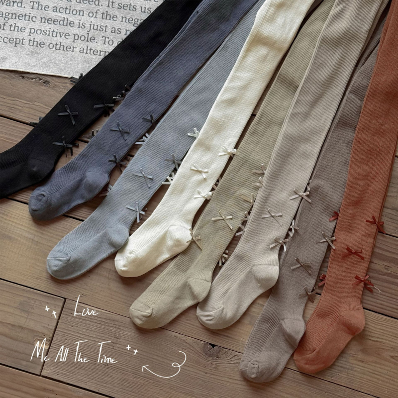 Colanți pentru fetițe din bumbac, cu funda, talie înaltă, fără deschidere între picioare, lungi, primăvară-toamnă, 80% bumbac