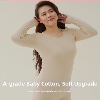 Moterų terminis komplektas: bazinio viršaus ir kelnių komplektas, medvilnė, vidutinio tankio 181–200 g/m², apvali kaklo linija, ilgos rankovės, vieno sluoksnio