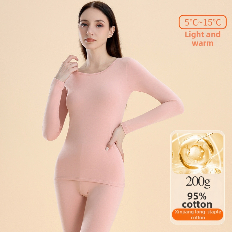 Moterų terminis komplektas: bazinio viršaus ir kelnių komplektas, medvilnė, vidutinio tankio 181–200 g/m², apvali kaklo linija, ilgos rankovės, vieno sluoksnio