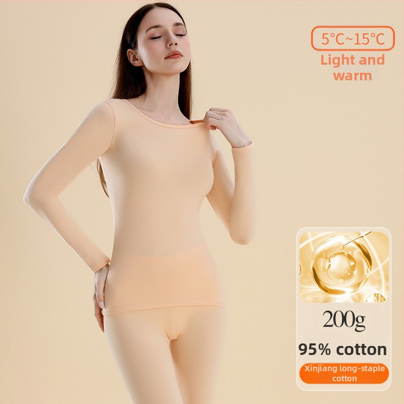 Moterų terminis komplektas: bazinio viršaus ir kelnių komplektas, medvilnė, vidutinio tankio 181–200 g/m², apvali kaklo linija, ilgos rankovės, vieno sluoksnio