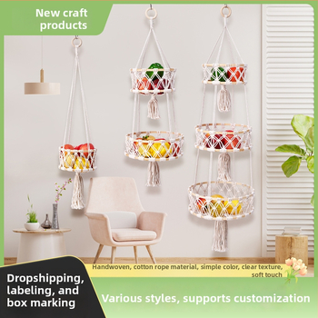 Käsitsi kootud puuvillalõngast hoiukorv bambusrõngaga, mitmekihiline rippkorv puuviljade ja köögiviljade jaoks, sulgade boheemlase stiili dekore