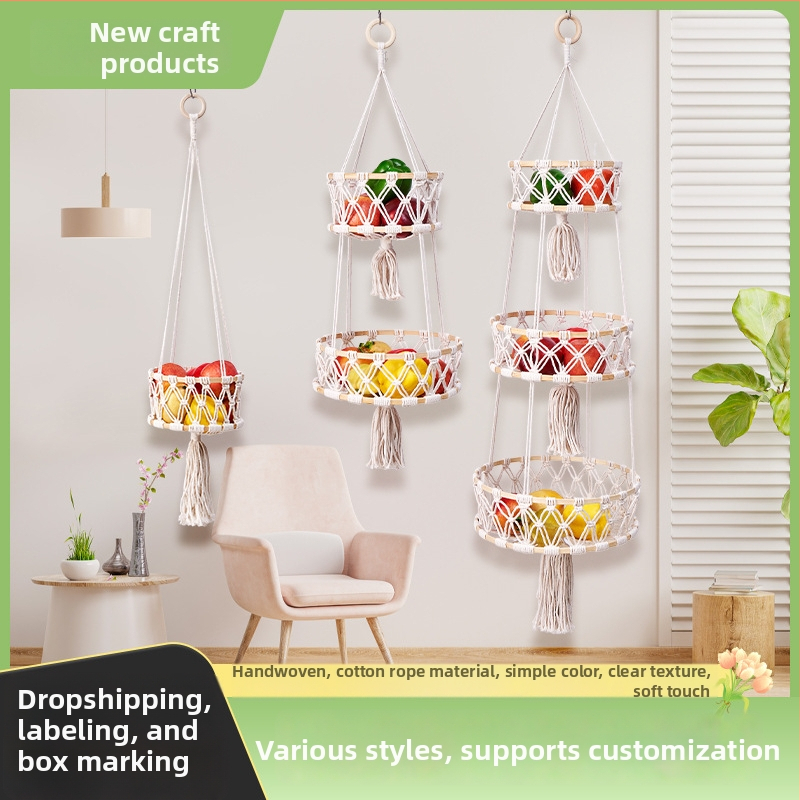 Käsitsi kootud puuvillalõngast hoiukorv bambusrõngaga, mitmekihiline rippkorv puuviljade ja köögiviljade jaoks, sulgade boheemlase stiili dekore