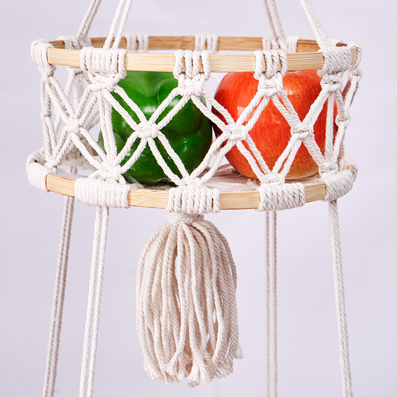 Käsitsi kootud puuvillalõngast hoiukorv bambusrõngaga, mitmekihiline rippkorv puuviljade ja köögiviljade jaoks, sulgade boheemlase stiili dekore