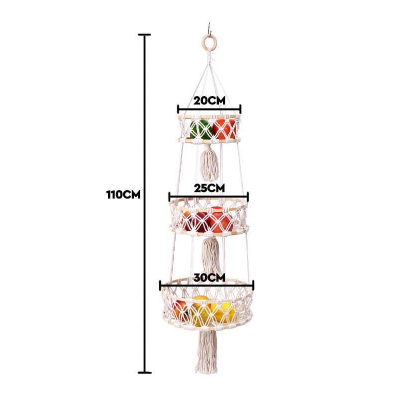 Käsitsi kootud puuvillalõngast hoiukorv bambusrõngaga, mitmekihiline rippkorv puuviljade ja köögiviljade jaoks, sulgade boheemlase stiili dekore