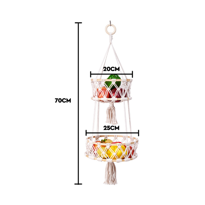 Käsitsi kootud puuvillalõngast hoiukorv bambusrõngaga, mitmekihiline rippkorv puuviljade ja köögiviljade jaoks, sulgade boheemlase stiili dekore