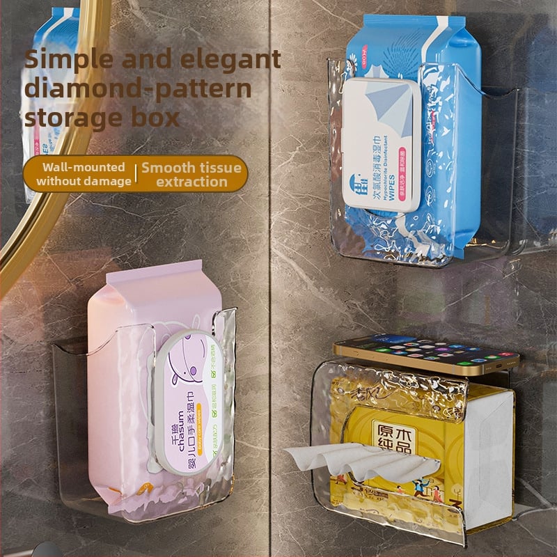 Seinasse kinnitatav niiskete salvrättide kast ja tualettpaberi hoidja, veekindel plastik, puurimata, mitmekülgne vannitoa korraldaja