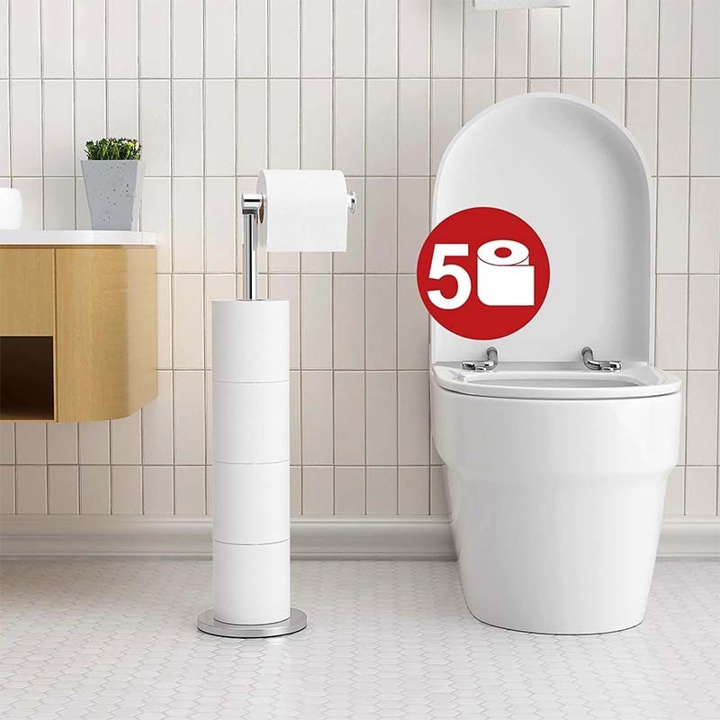 Nerezový vertikálny stojan na toaletný papier, podlahový, bez vŕtania, okrúhleho tvaru, leštený povrch a postrekový náter, Yoshizumi značka, moderný minimalistický štýl